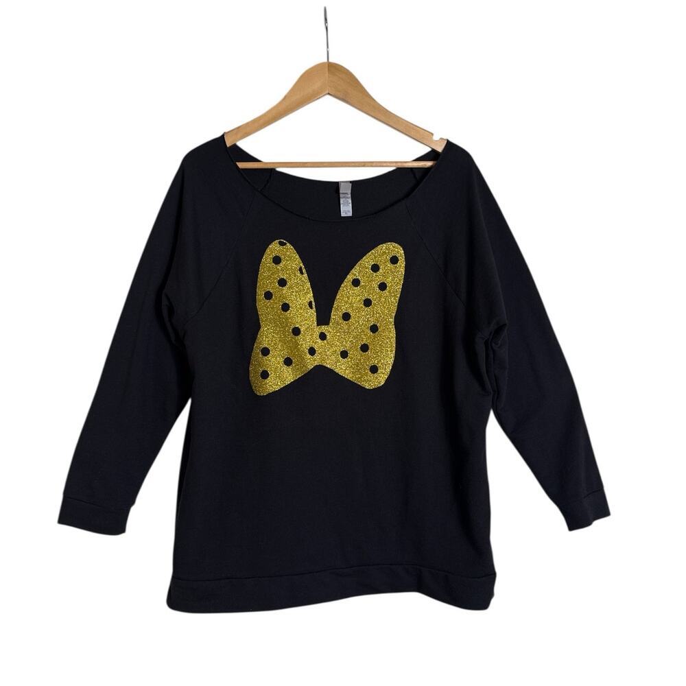 Next Level Apparel Women Disney Minnie Mouse Gold Glitter Bow Top Size XL Black